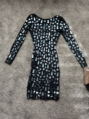 New Black Long-Sleeve Mirror Mosaic Bodycon Dress- Small